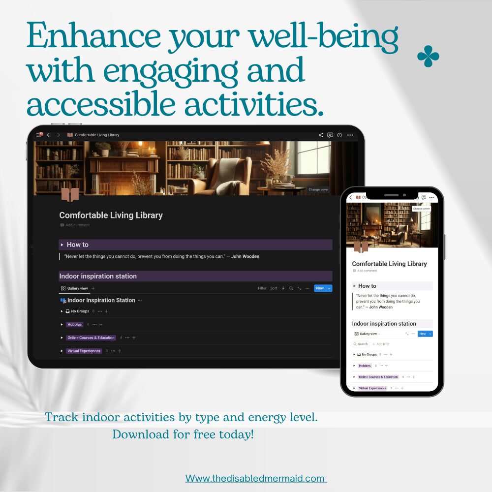 enhance your well being-with engaging and Accessible activities. with a picture of the comfortable living library in dark mode on a tablet and light mode on a phone. track your indoor activities by type and energy level. download for free today!
